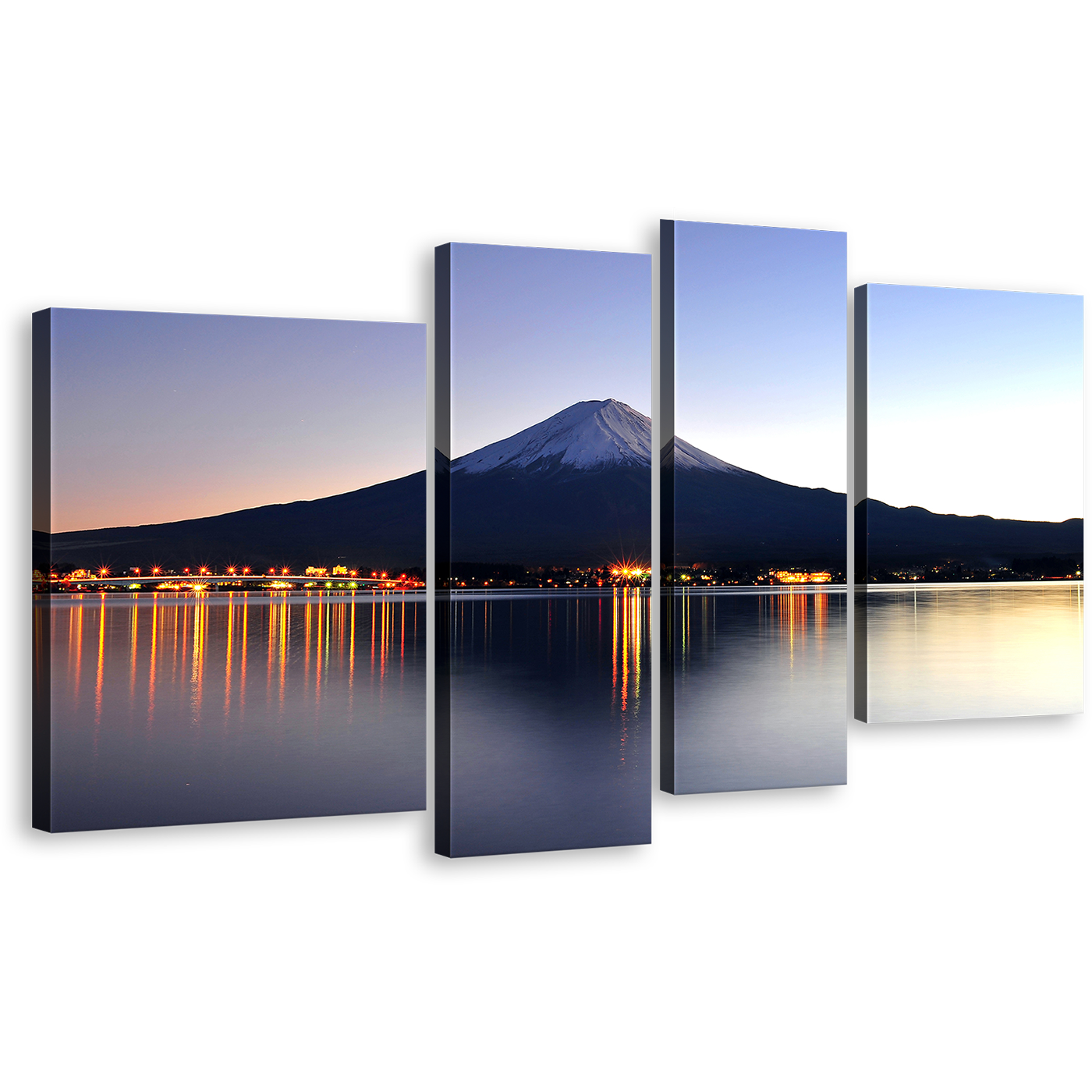 City Mountain Wall Art, Blue Mount Fuji Night Reflection Canvas Print, Japanese Mountains Orange Lake Photography 4 Piece Canvas Set