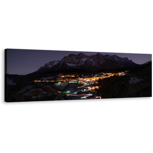 City Mountains Canvas Print, Yellow Mountain Village at Night Panoramic Canvas Wall Art, Blue Sky Landscape Wide Canvas