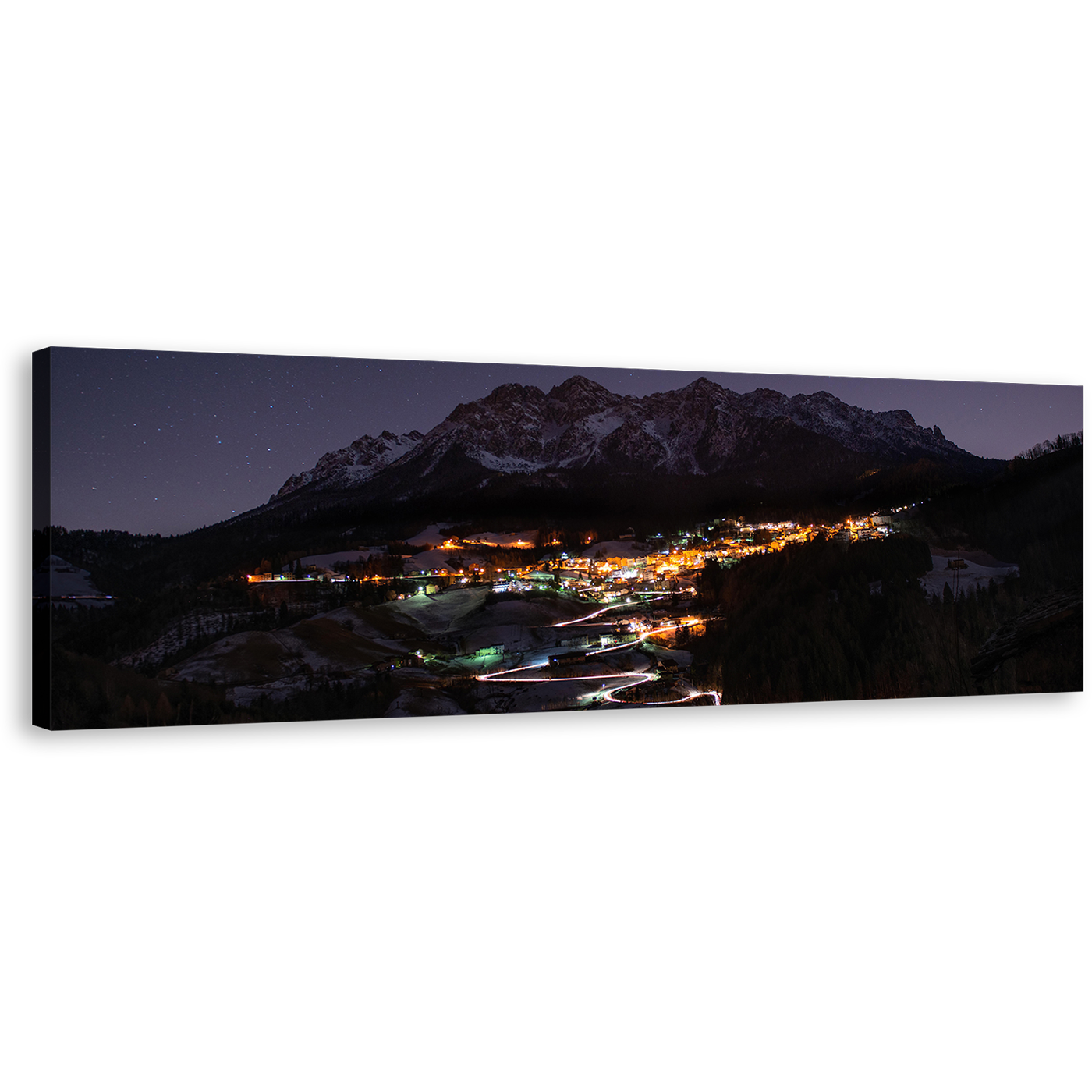 City Mountains Canvas Print, Yellow Mountain Village at Night Panoramic Canvas Wall Art, Blue Sky Landscape Wide Canvas