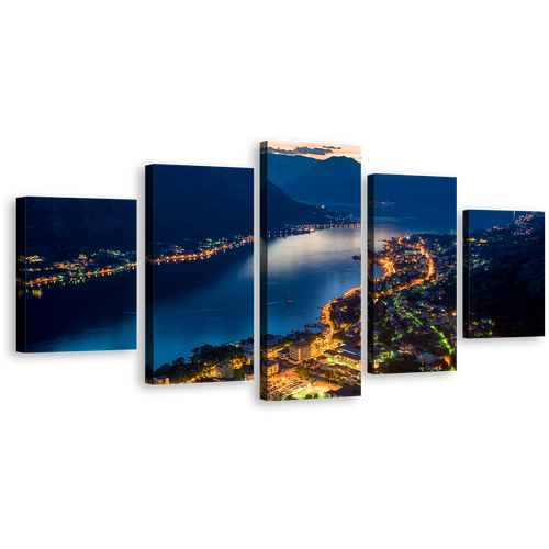 City Mountains Canvas Wall Art, Boka Kotorska Bay Multi Canvas, Blue Montenegro Mountains 5 Piece Multi Canvas Artwork, Bay of Kotor Yellow City Canvas Print