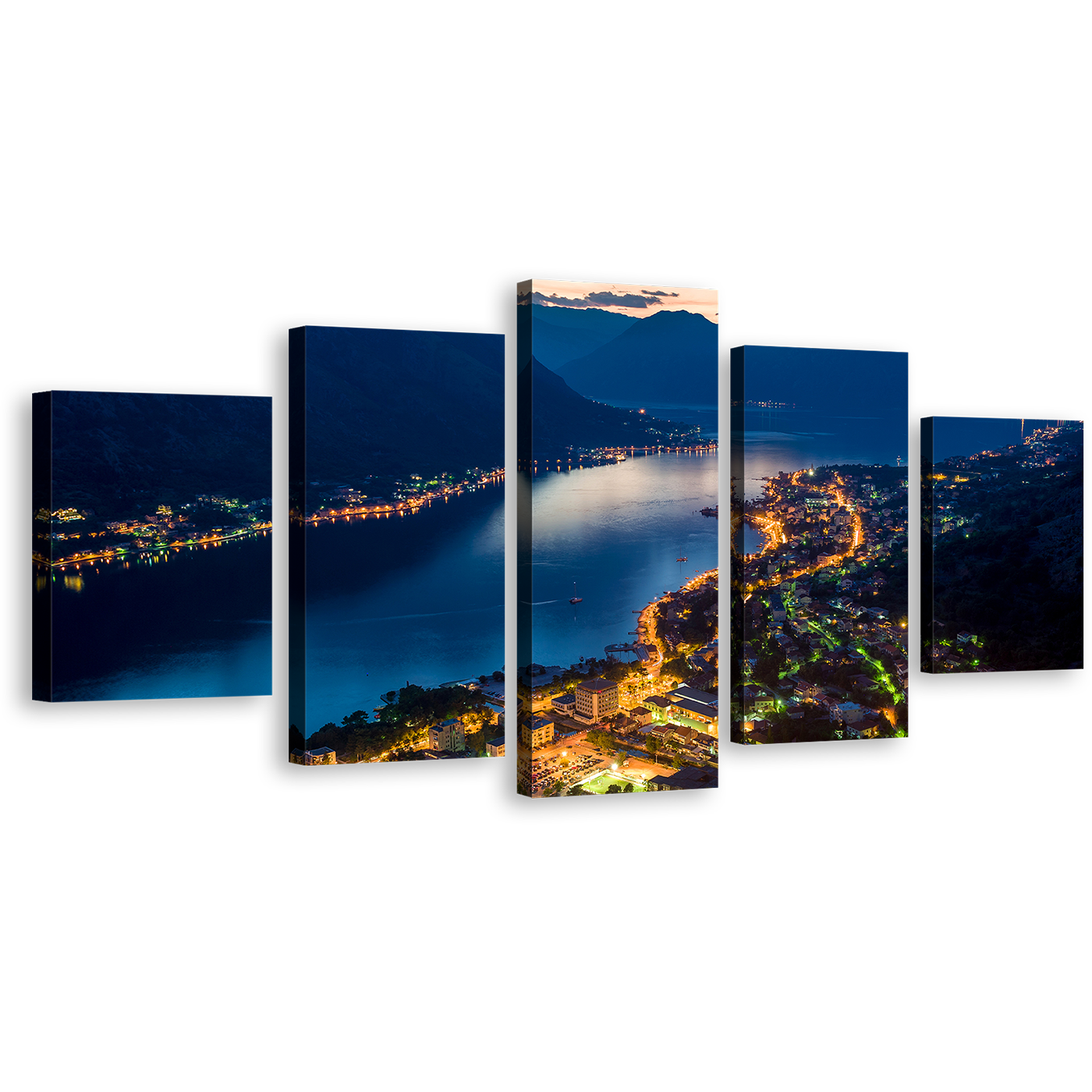 City Mountains Canvas Wall Art, Boka Kotorska Bay Multi Canvas, Blue Montenegro Mountains 5 Piece Multi Canvas Artwork, Bay of Kotor Yellow City Canvas Print