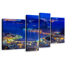 Load image into Gallery viewer, City Mountains Canvas Wall Art, Brazil Blue Sugarloaf Mountain Skyline 4 Piece Multi Canvas Artwork, Rio de Janeiro Yellow Citylights Canvas Print
