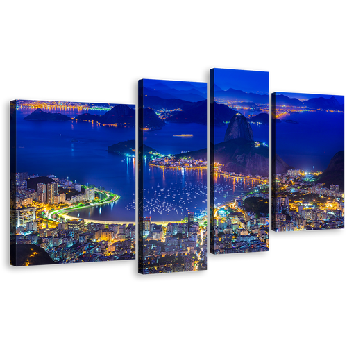 City Mountains Canvas Wall Art, Brazil Blue Sugarloaf Mountain Skyline 4 Piece Multi Canvas Artwork, Rio de Janeiro Yellow Citylights Canvas Print