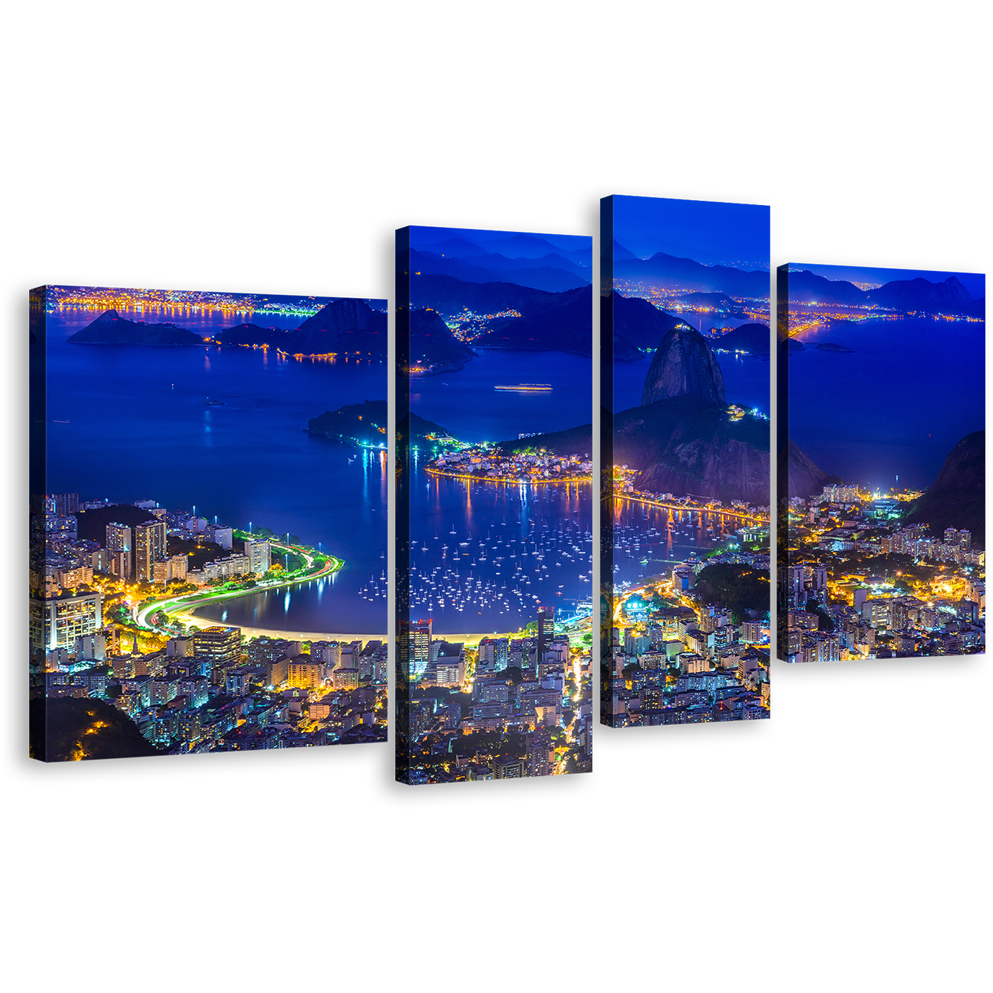 City Mountains Canvas Wall Art, Brazil Blue Sugarloaf Mountain Skyline 4 Piece Multi Canvas Artwork, Rio de Janeiro Yellow Citylights Canvas Print