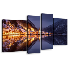 Load image into Gallery viewer, City Mountains Canvas Wall Art, Hallstatt Gold City Lights Canvas Set, Salzkammergut Boots in Grey Lake Canvas Print, Austria Lake Reflection at Sunset 4 Piece Multiple Canvas
