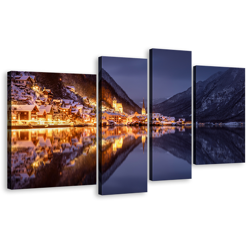 City Mountains Canvas Wall Art, Hallstatt Gold City Lights Canvas Set, Salzkammergut Boots in Grey Lake Canvas Print, Austria Lake Reflection at Sunset 4 Piece Multiple Canvas