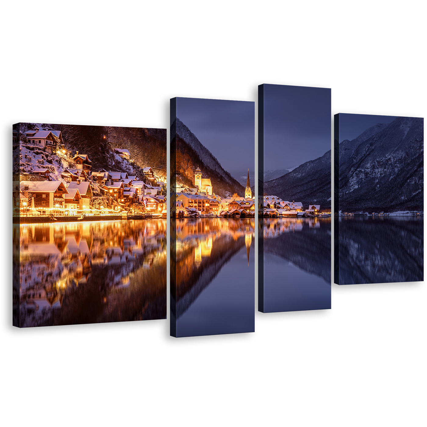 City Mountains Canvas Wall Art, Hallstatt Gold City Lights Canvas Set, Salzkammergut Boots in Grey Lake Canvas Print, Austria Lake Reflection at Sunset 4 Piece Multiple Canvas