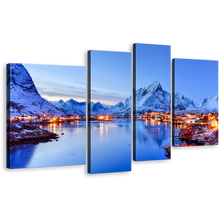 Load image into Gallery viewer, City Mountains Canvas Wall Art, Lofoten Islands 4 Piece Canvas, Orange Reine Village Canvas Set, Norway Winter Blue Sky Mountains Canvas Print
