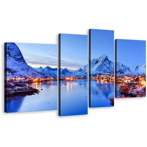 City Mountains Canvas Wall Art, Lofoten Islands 4 Piece Canvas, Orange Reine Village Canvas Set, Norway Winter Blue Sky Mountains Canvas Print