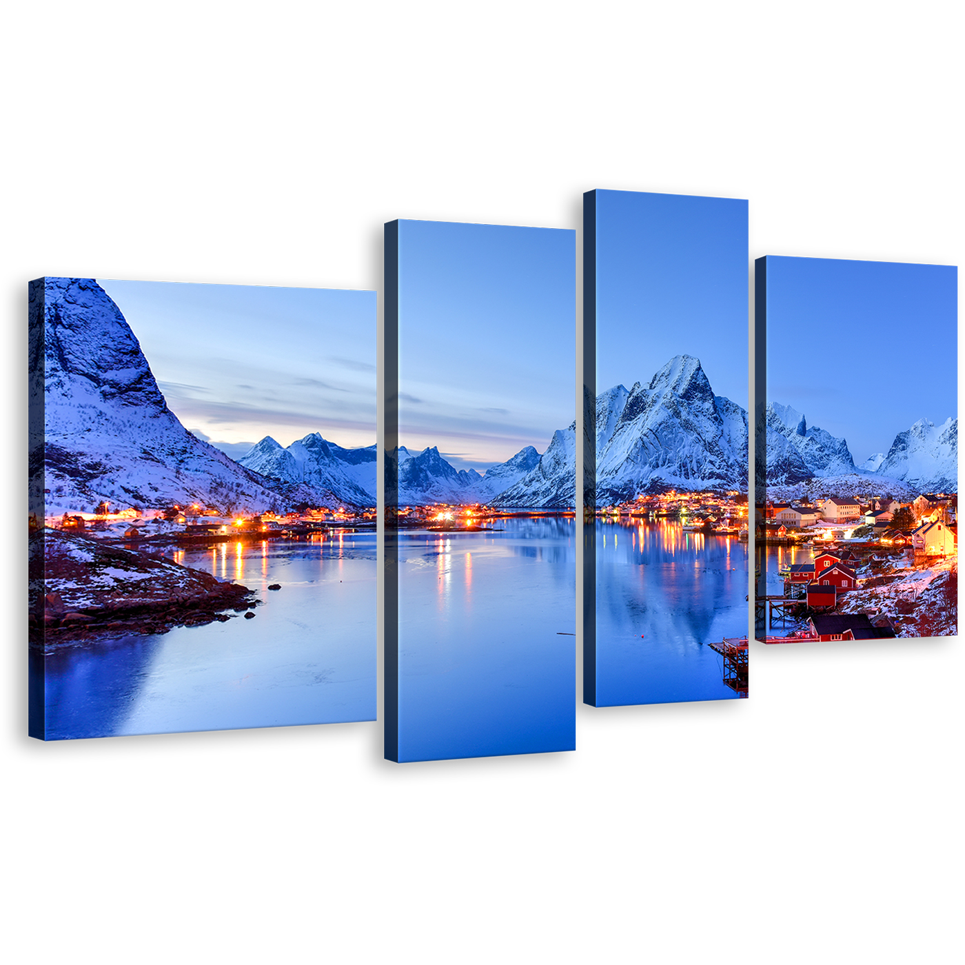 City Mountains Canvas Wall Art, Lofoten Islands 4 Piece Canvas, Orange Reine Village Canvas Set, Norway Winter Blue Sky Mountains Canvas Print