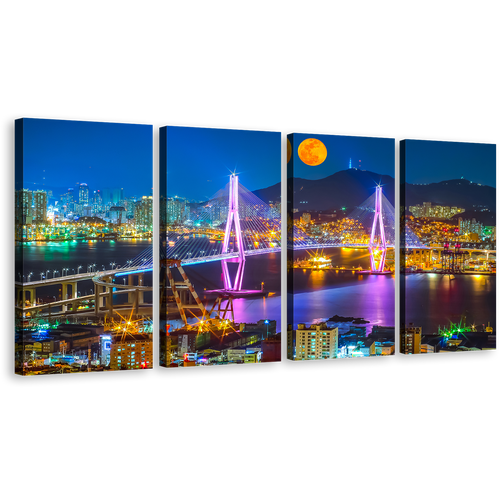 City Mountains Canvas Wall Art, South Korea Colorful Cityscape Bridge Multi Canvas Artwork, Bridge in Busan Port 4 Piece Canvas Print