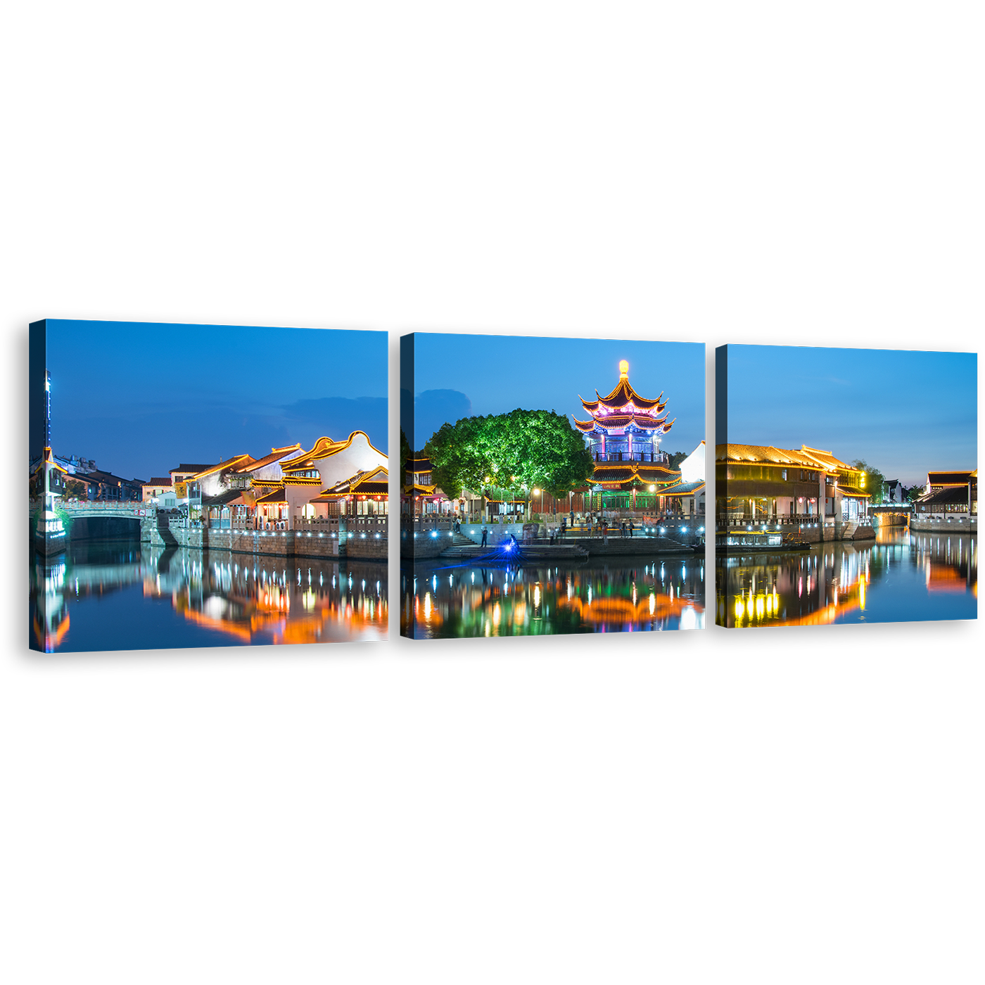 City Reflection Canvas Wall Art, Beautiful City Landscape 3 Piece Canvas Set, Colorful City Lights Canvas Print