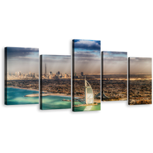 Load image into Gallery viewer, City Skyline Canvas Print, Dubai Green Umm Suqeim Beach 5 Piece Canvas Wall Art, Brown City Sea Multi Canvas
