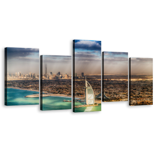 City Skyline Canvas Print, Dubai Green Umm Suqeim Beach 5 Piece Canvas Wall Art, Brown City Sea Multi Canvas