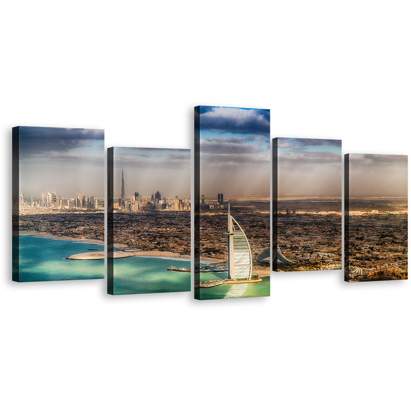 City Skyline Canvas Print, Dubai Green Umm Suqeim Beach 5 Piece Canvas Wall Art, Brown City Sea Multi Canvas