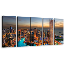 Load image into Gallery viewer, City Skyline Canvas Print, Dubai Marina Orange Sky Cityscape Multiple Canvas, Cloudy Yellow Sunset 5 Piece Wall Art
