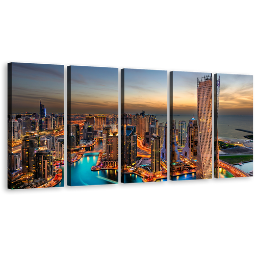 City Skyline Canvas Print, Dubai Marina Orange Sky Cityscape Multiple Canvas, Cloudy Yellow Sunset 5 Piece Wall Art