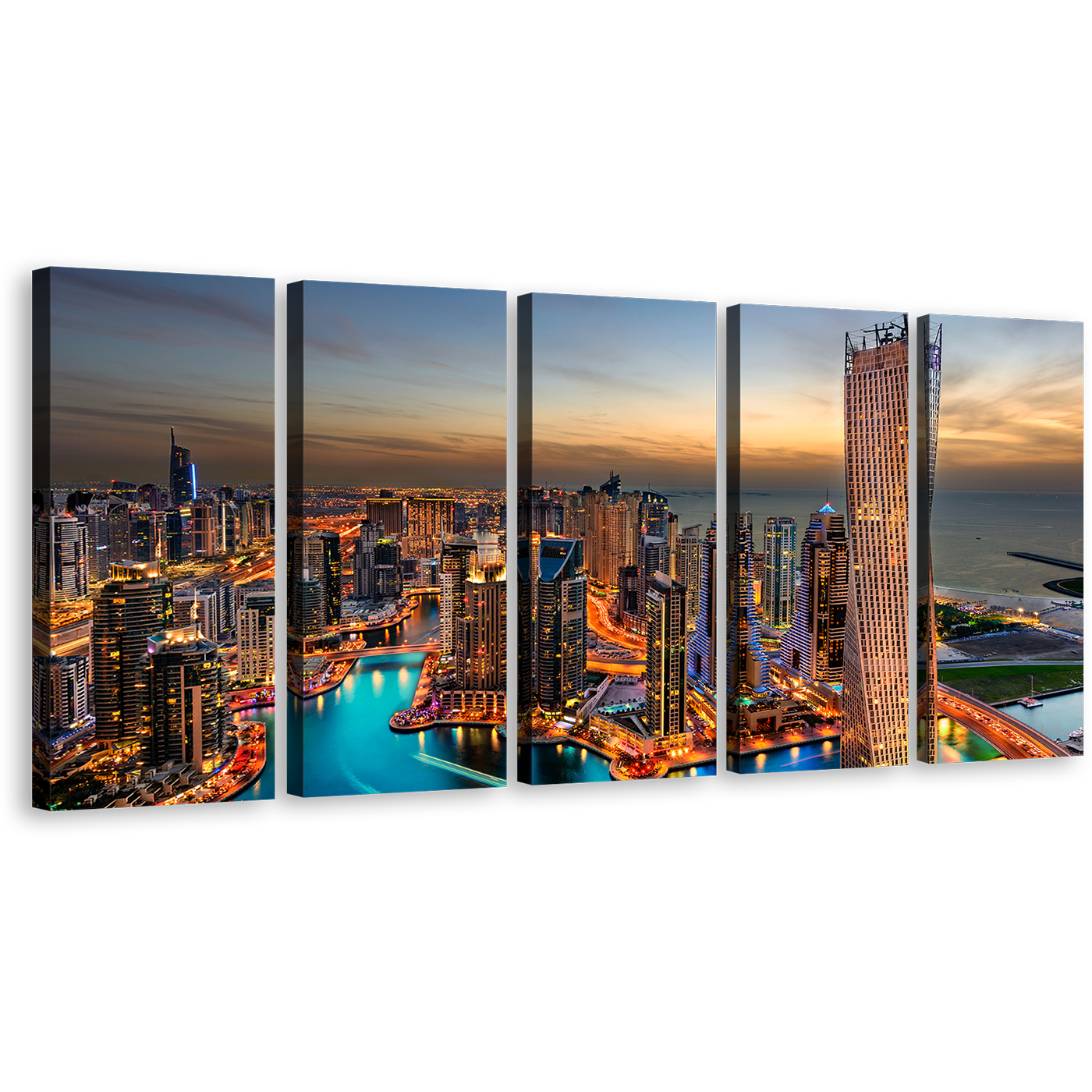 City Skyline Canvas Print, Dubai Marina Orange Sky Cityscape Multiple Canvas, Cloudy Yellow Sunset 5 Piece Wall Art