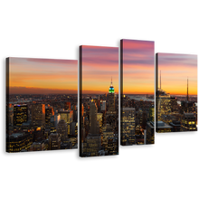 Load image into Gallery viewer, City Skyline Canvas Print, Grey New York City Multi Canvas, Beautiful Manhattan 4 Piece Canvas Wall Art, Canada City Lights Yellow Sky Canvas Set
