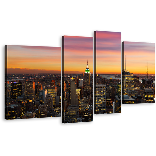 City Skyline Canvas Print, Grey New York City Multi Canvas, Beautiful Manhattan 4 Piece Canvas Wall Art, Canada City Lights Yellow Sky Canvas Set