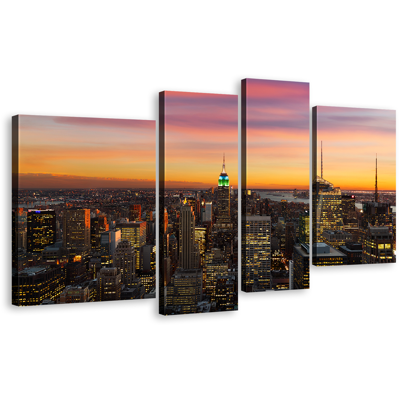 City Skyline Canvas Print, Grey New York City Multi Canvas, Beautiful Manhattan 4 Piece Canvas Wall Art, Canada City Lights Yellow Sky Canvas Set