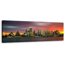 Load image into Gallery viewer, City Skyline Canvas Print, Sydney Green Cityscape Wall Art, Sydney Orange Sunset Towers Skyline Panoramic Canvas Artwork
