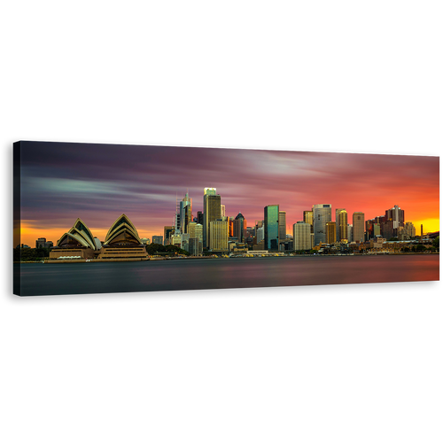 City Skyline Canvas Print, Sydney Green Cityscape Wall Art, Sydney Orange Sunset Towers Skyline Panoramic Canvas Artwork