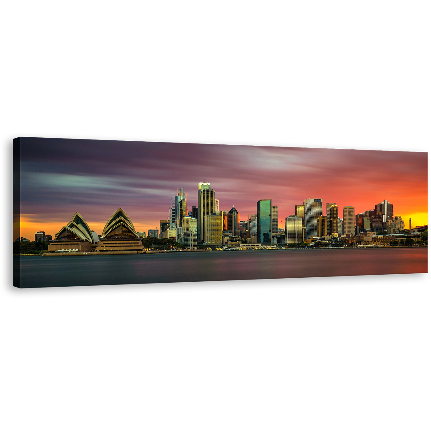 City Skyline Canvas Print, Sydney Green Cityscape Wall Art, Sydney Orange Sunset Towers Skyline Panoramic Canvas Artwork