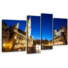 Load image into Gallery viewer, City Skyline Canvas Print, Yellow Grote Markt Brussels Belgium Canvas Wall Art, Blue Sky Grand Place 4 Piece Canvas Set
