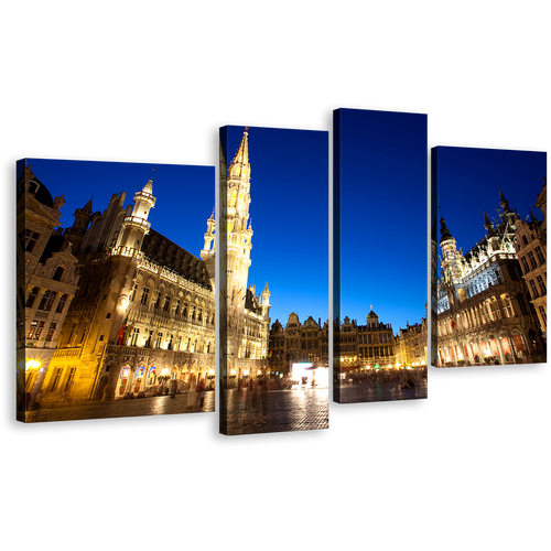 City Skyline Canvas Print, Yellow Grote Markt Brussels Belgium Canvas Wall Art, Blue Sky Grand Place 4 Piece Canvas Set