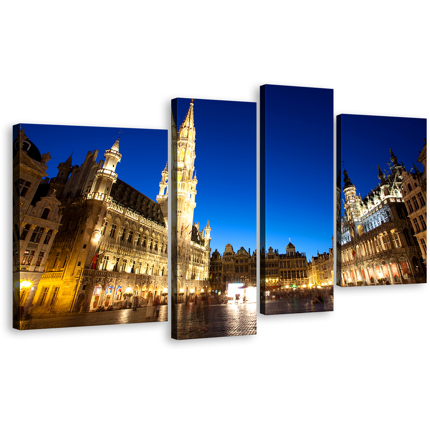 City Skyline Canvas Print, Yellow Grote Markt Brussels Belgium Canvas Wall Art, Blue Sky Grand Place 4 Piece Canvas Set