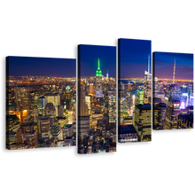 Load image into Gallery viewer, City Skyline Canvas Print, Yellow New York City Multi Canvas, Blue Sky Manhattan 4 Piece Canvas Wall Art
