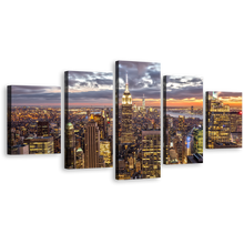 Load image into Gallery viewer, City Skyline Canvas Wall Art, Beautiful Yellow New York City 5 Piece Canvas Print, Dramatic Cloudy Grey Sky Cityscape Multi Canvas Artwork
