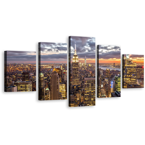 City Skyline Canvas Wall Art, Beautiful Yellow New York City 5 Piece Canvas Print, Dramatic Cloudy Grey Sky Cityscape Multi Canvas Artwork