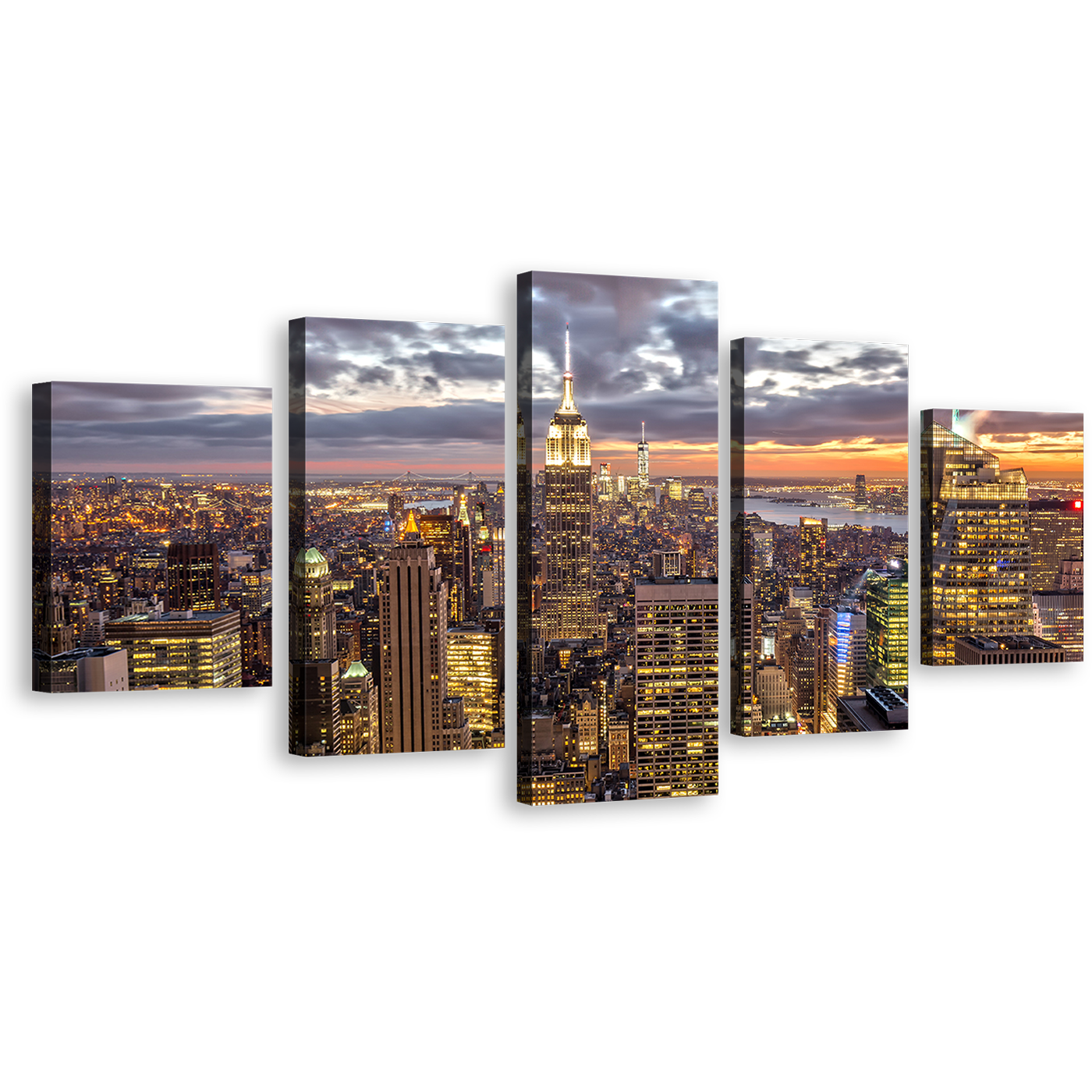 City Skyline Canvas Wall Art, Beautiful Yellow New York City 5 Piece Canvas Print, Dramatic Cloudy Grey Sky Cityscape Multi Canvas Artwork