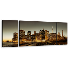 Load image into Gallery viewer, City Skyline Canvas Wall Art, Brown New York City 3 Piece Canvas Print, Grey Sky Manhattan Downtown Cityscape Triptych Multiple Canvas
