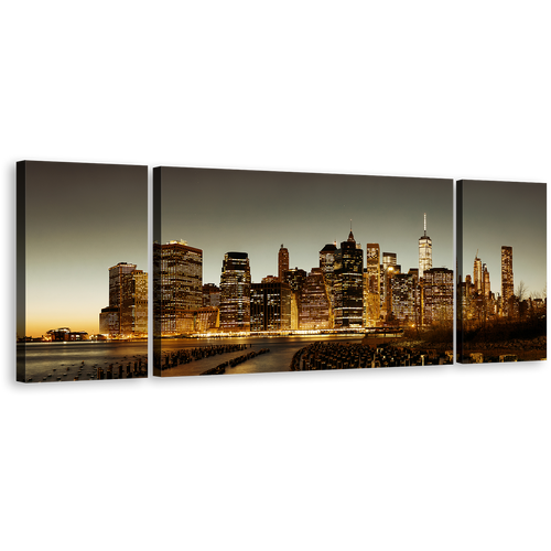 City Skyline Canvas Wall Art, Brown New York City 3 Piece Canvas Print, Grey Sky Manhattan Downtown Cityscape Triptych Multiple Canvas