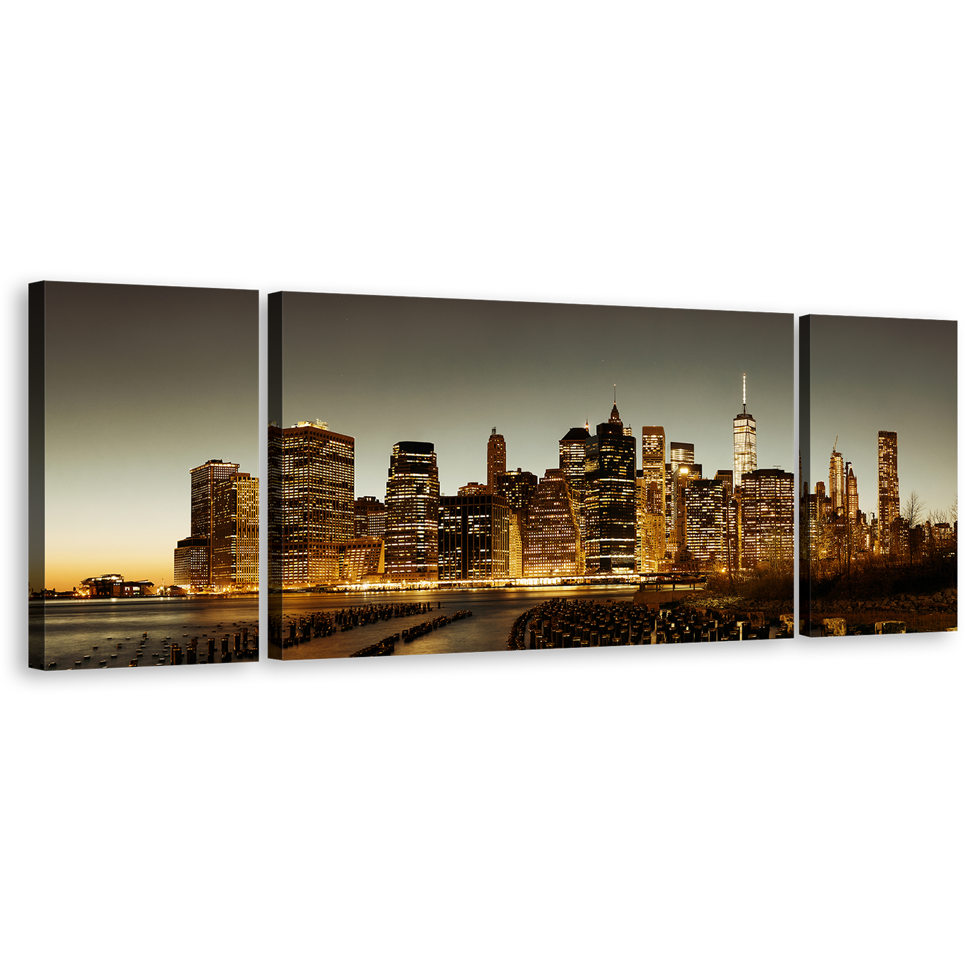 City Skyline Canvas Wall Art, Brown New York City 3 Piece Canvas Print, Grey Sky Manhattan Downtown Cityscape Triptych Multiple Canvas