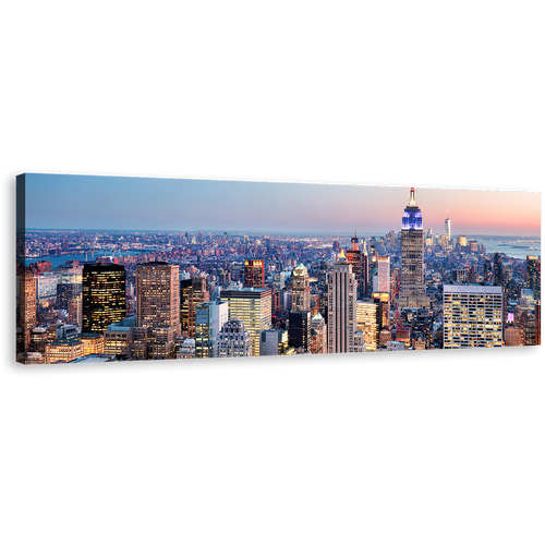 City Skyline Canvas Wall Art, Empire State Building Canvas Artwork, Blue New York Cityscape Canvas Print, Midtown Manhattan Yellow Sunset Sky 1 Piece Canvas