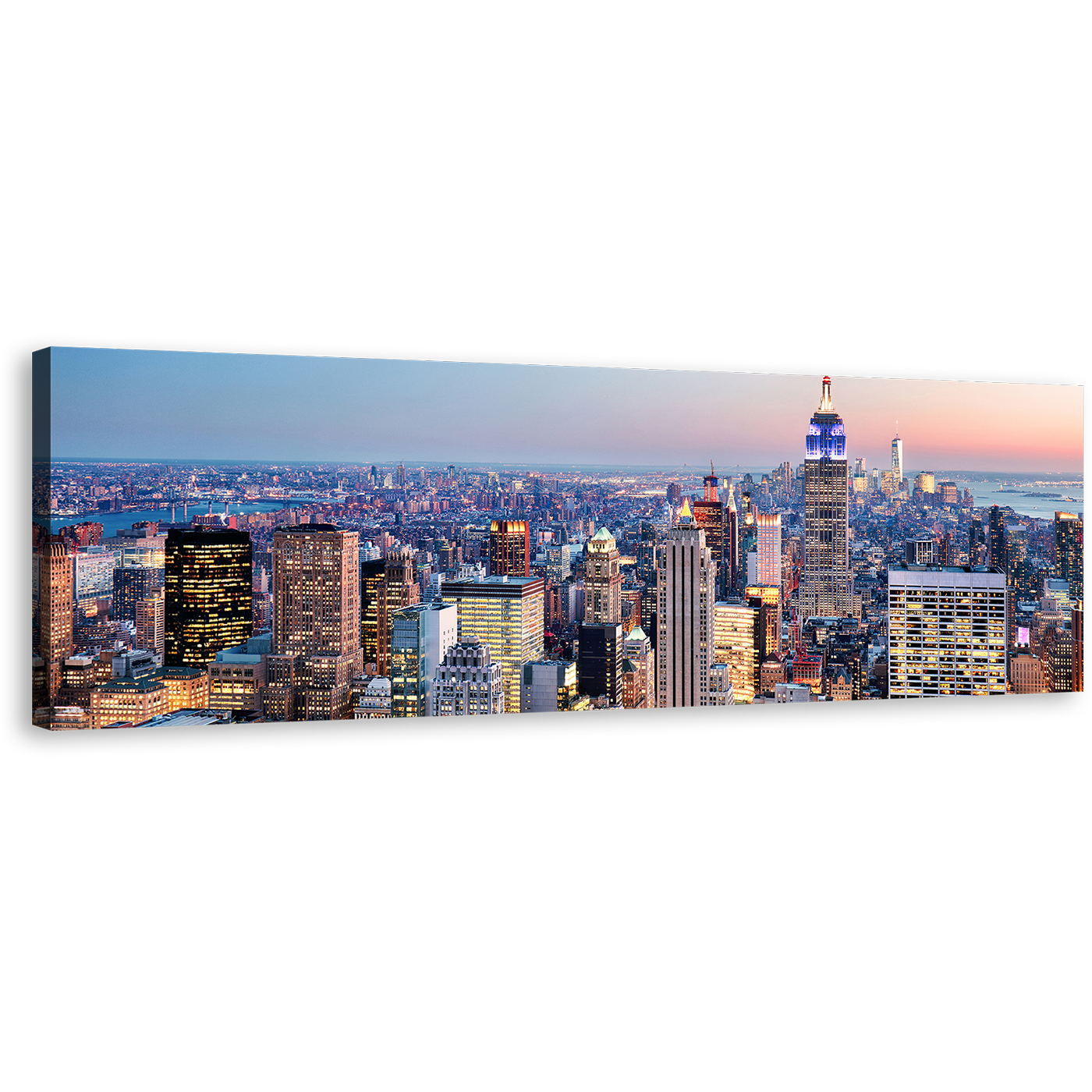 City Skyline Canvas Wall Art, Empire State Building Canvas Artwork, Blue New York Cityscape Canvas Print, Midtown Manhattan Yellow Sunset Sky 1 Piece Canvas