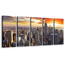 Load image into Gallery viewer, City Skyline Canvas Wall Art, Empire State Building Canvas Set, Grey New York Cityscape Canvas Print, Beautiful Manhattan Yellow Sunset Sky 5 Piece Canvas
