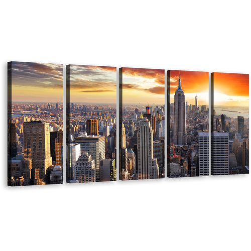 City Skyline Canvas Wall Art, Empire State Building Canvas Set, Grey New York Cityscape Canvas Print, Beautiful Manhattan Yellow Sunset Sky 5 Piece Canvas