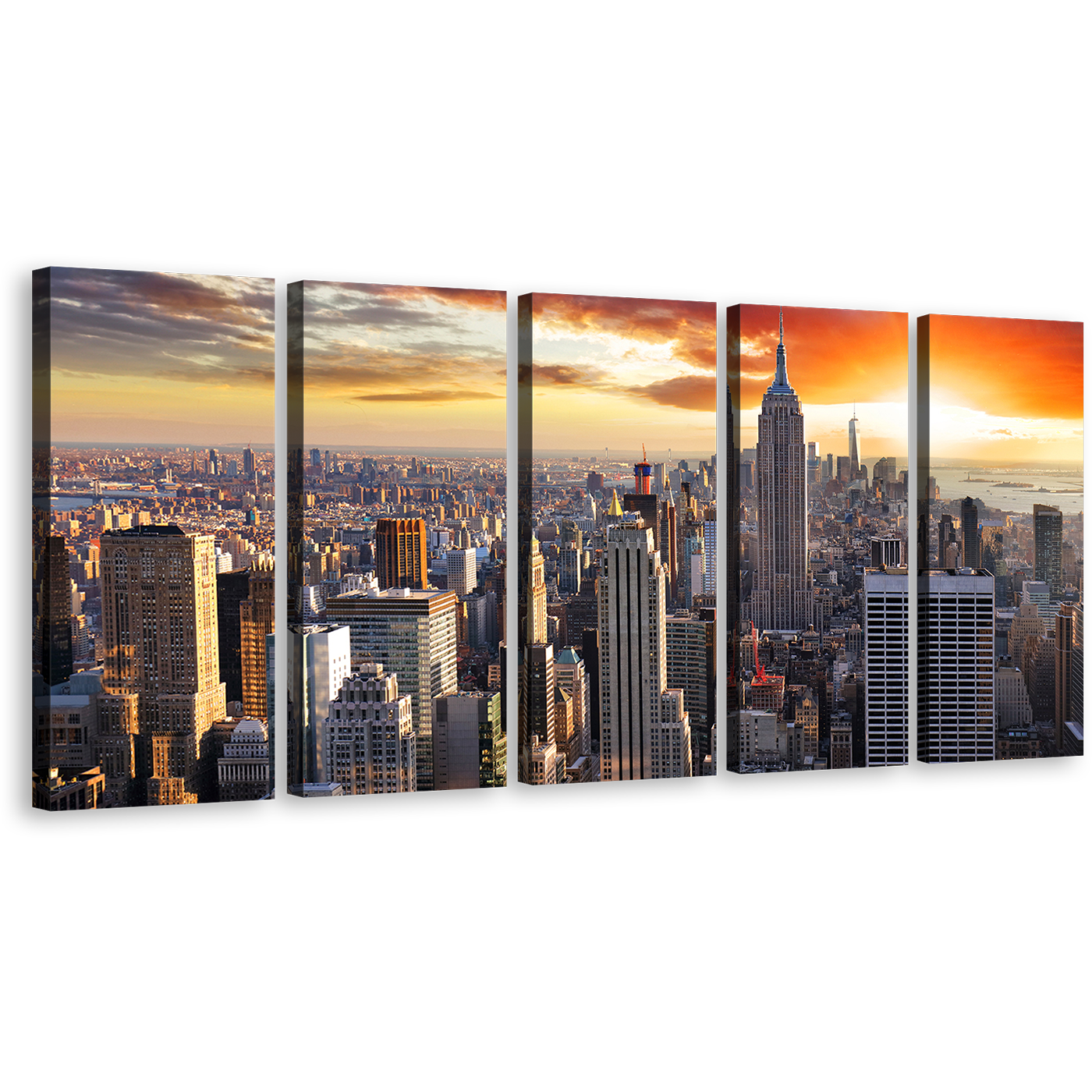 City Skyline Canvas Wall Art, Empire State Building Canvas Set, Grey New York Cityscape Canvas Print, Beautiful Manhattan Yellow Sunset Sky 5 Piece Canvas