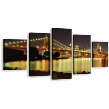 Load image into Gallery viewer, City Skyline Canvas Wall Art, Grey NYC Sky Multi Canvas Artwork, Brooklyn Bridge Illuminated At Night Canvas Print, Yellow New York City Lights 5 Piece Canvas Set
