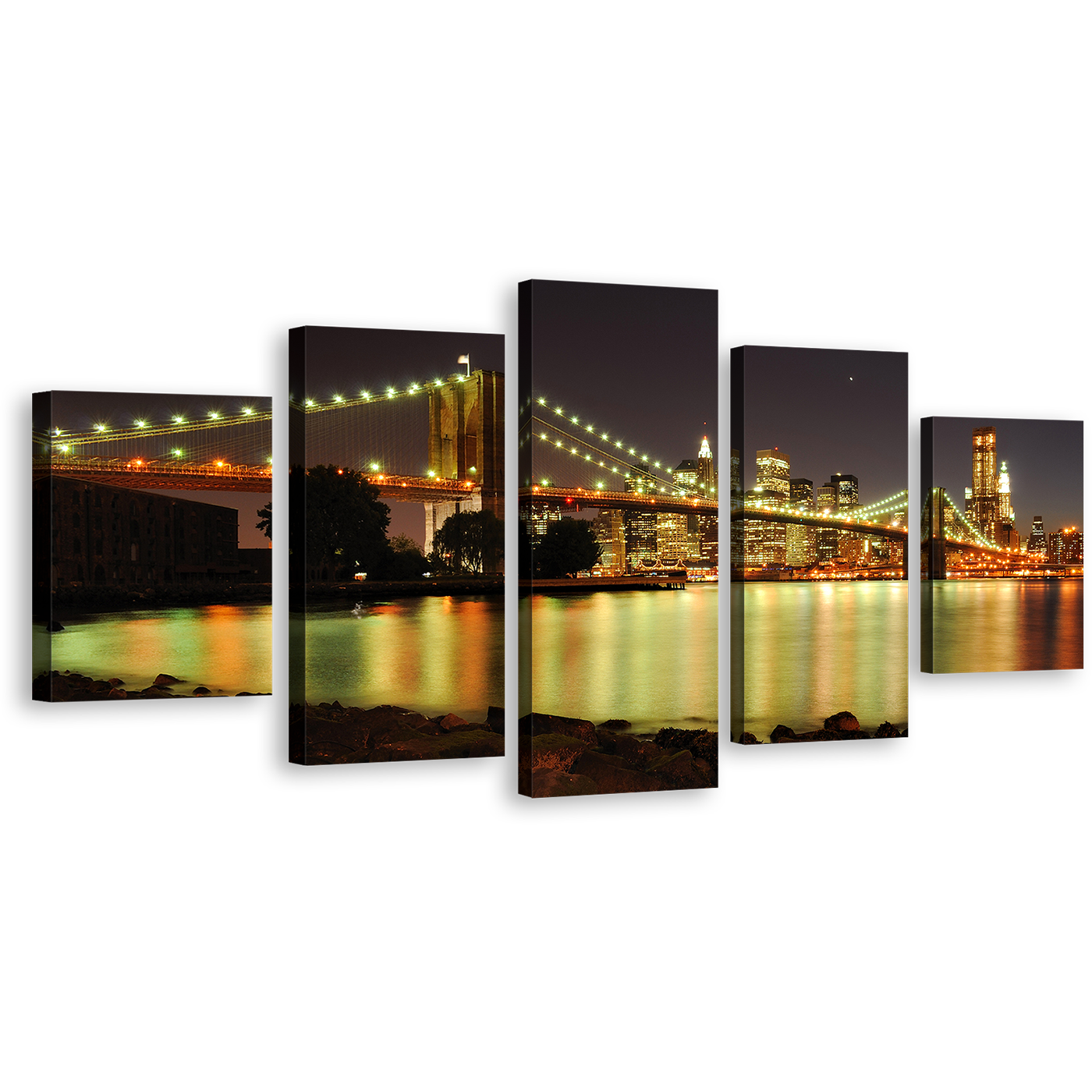 City Skyline Canvas Wall Art, Grey NYC Sky Multi Canvas Artwork, Brooklyn Bridge Illuminated At Night Canvas Print, Yellow New York City Lights 5 Piece Canvas Set