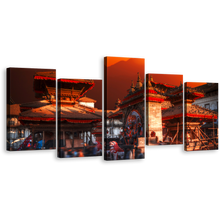 Load image into Gallery viewer, City Skyline Canvas Wall Art, Orange Sky Patan Durbar Square 5 Piece Multiple Canvas, Nepal Red Kathmandu Valley Canvas Print
