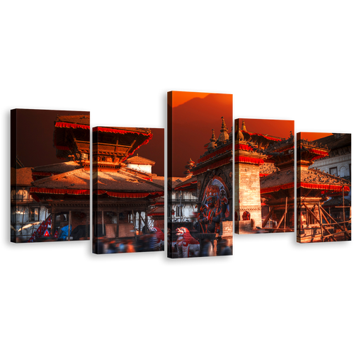 City Skyline Canvas Wall Art, Orange Sky Patan Durbar Square 5 Piece Multiple Canvas, Nepal Red Kathmandu Valley Canvas Print