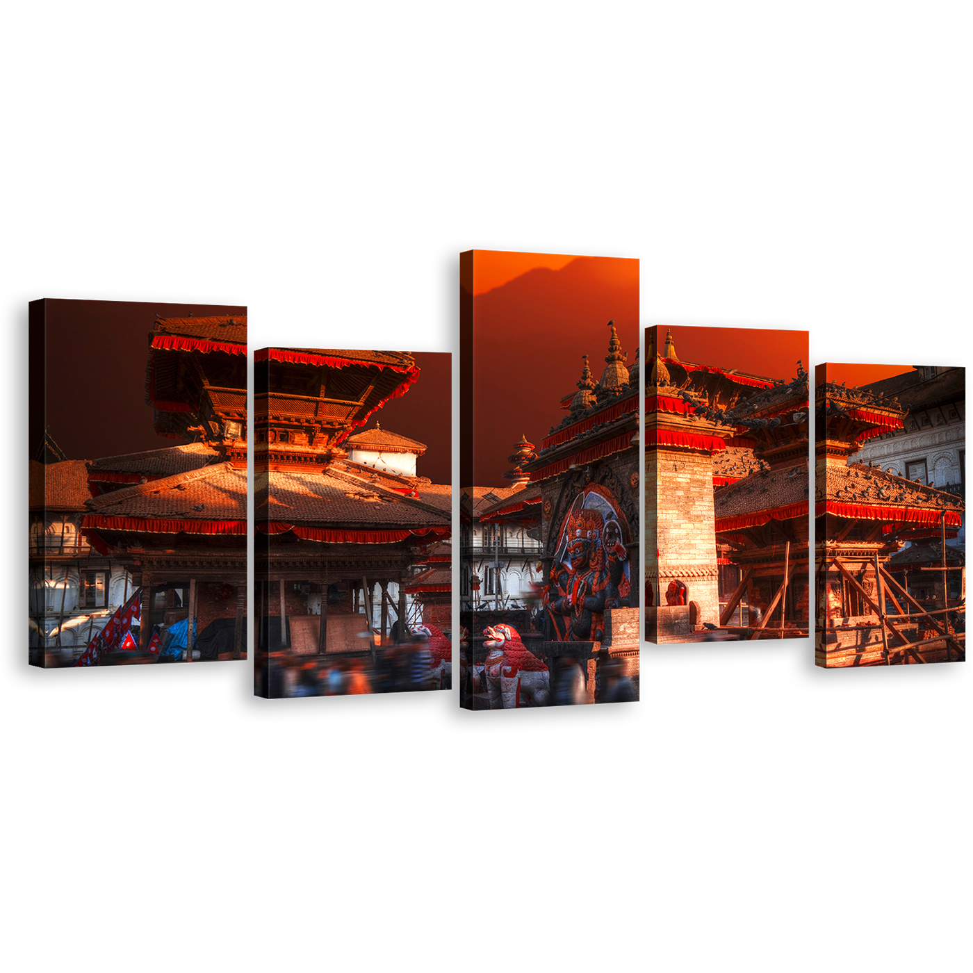 City Skyline Canvas Wall Art, Orange Sky Patan Durbar Square 5 Piece Multiple Canvas, Nepal Red Kathmandu Valley Canvas Print