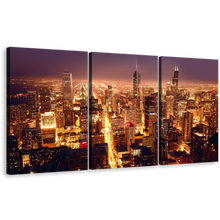 Load image into Gallery viewer, City Skyline Canvas Wall Art, Purple Chicago Downtown Canvas Set, Aerial View 3 Piece Canvas Print, Yellow Bright Night Triptych Multiple Canvas
