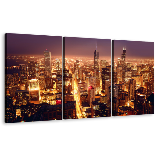 City Skyline Canvas Wall Art, Purple Chicago Downtown Canvas Set, Aerial View 3 Piece Canvas Print, Yellow Bright Night Triptych Multiple Canvas